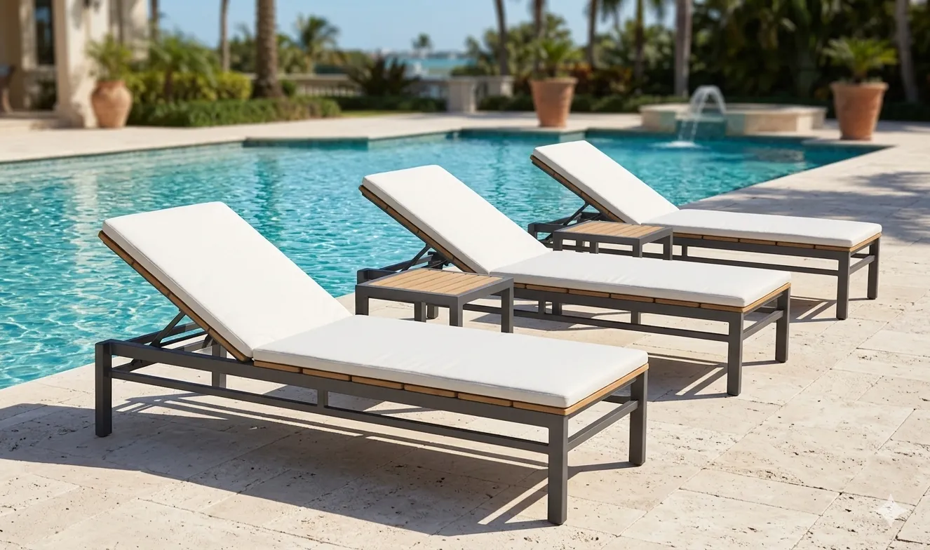 Outdoor chaise lounges beside a pool
