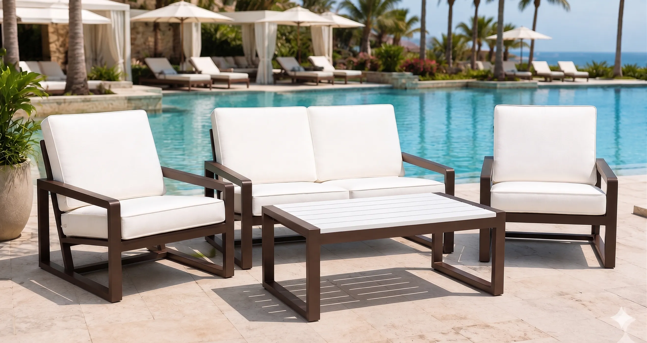 Outdoor lounge furniture in a landscaped setting