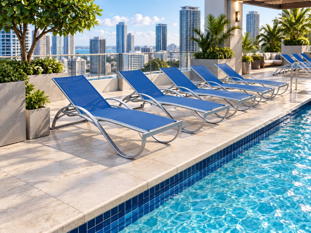 Blue curve sun cots with wheels at a rooftop pool