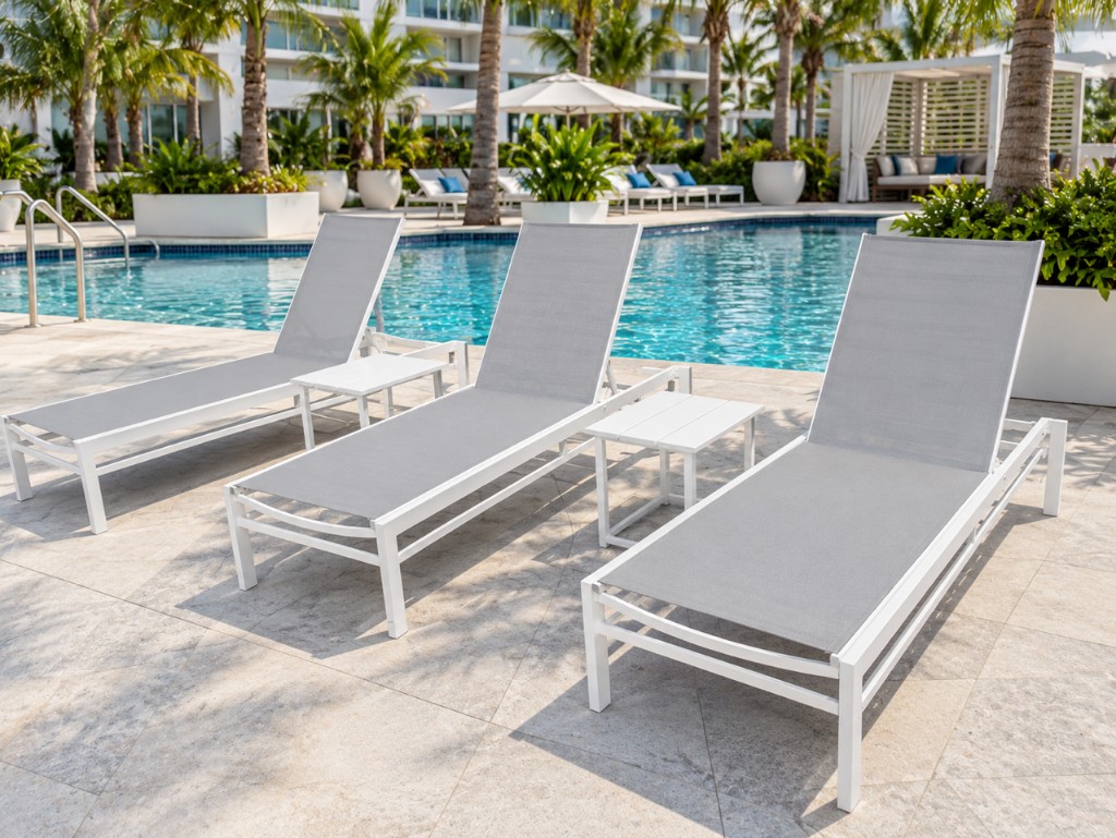White sling sun cots with end tables
