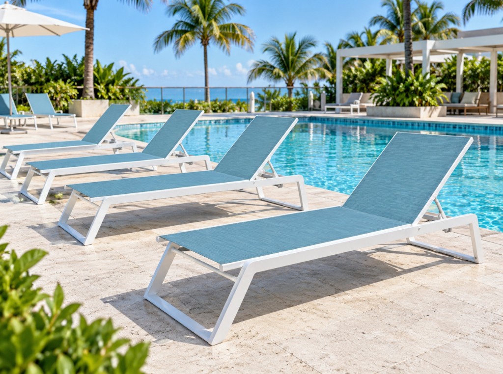 Teal sling sun cots facing the ocean