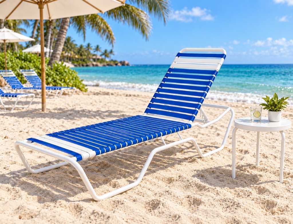 Blue vinyl strap lounges on the beach