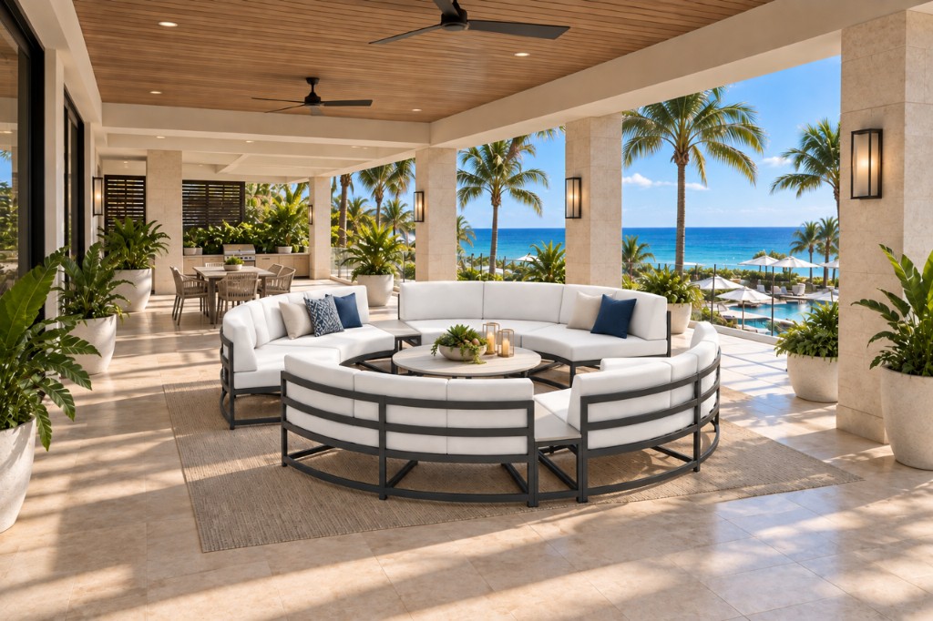 Circular deep seating on an oceanfront terrace