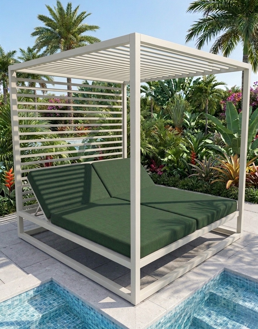 Slat-roof daybed cabana at a tropical pool edge