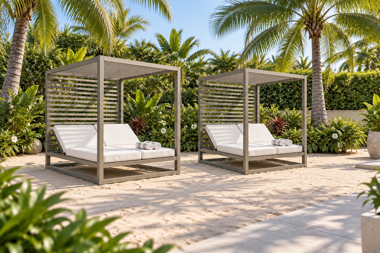 Solara cabanas with white cushions in a palm garden