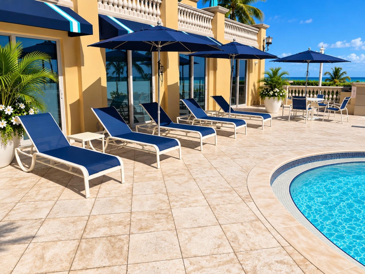 Navy sling sun cots and market umbrellas on an oceanfront pool deck